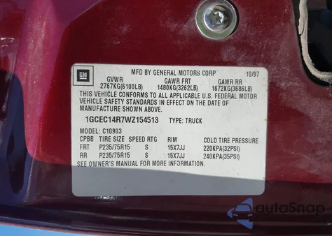 1998 Chevrolet C1500 Fleetside from USA, damaged, VIN 1GCEC14R7WZ154513